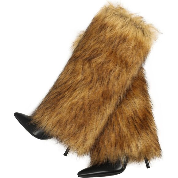 Women's Light Brown Fur Knee High Heels Wide Calf Fold Over Fashion Boots Shoes - Picture 4 of 6